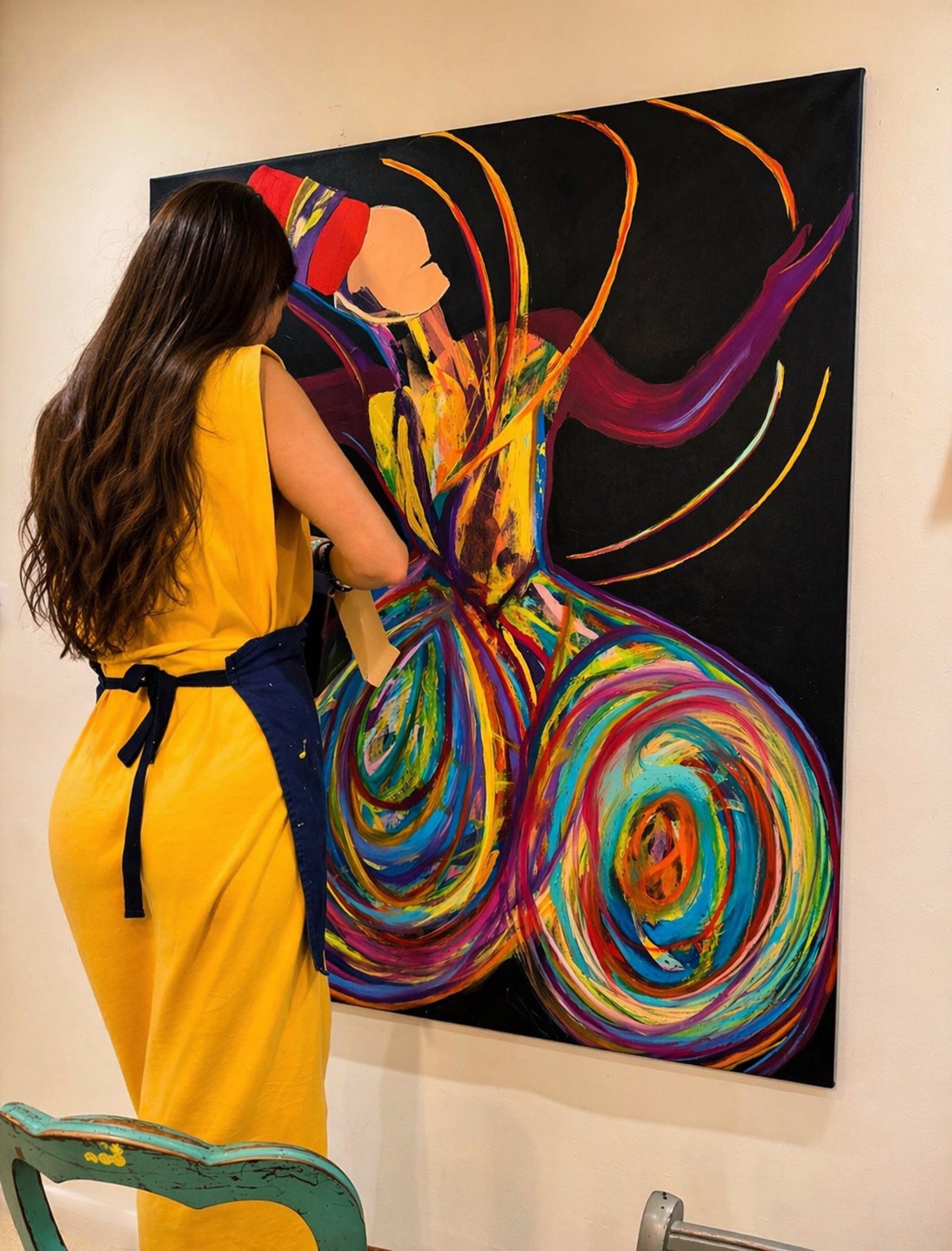 Negar Afshar at work on a large abstract painting
