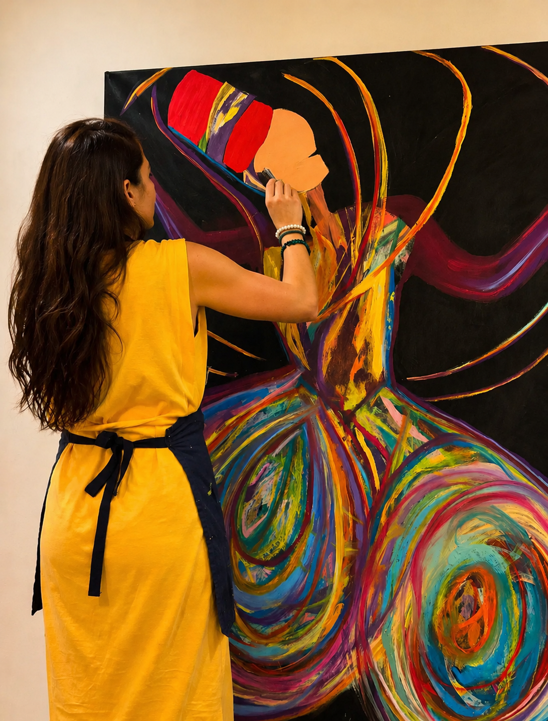 Negar Afshar painting a large, vividly coloured abstract work in her London studio